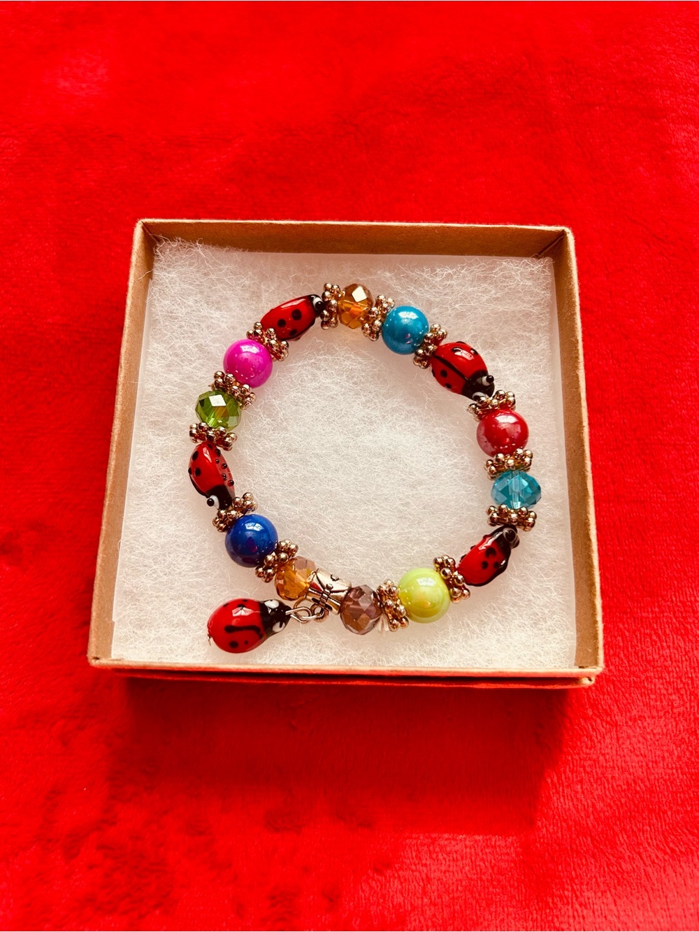 Multicolor Ladybug Bead Stretch Bracelet - Unbranded